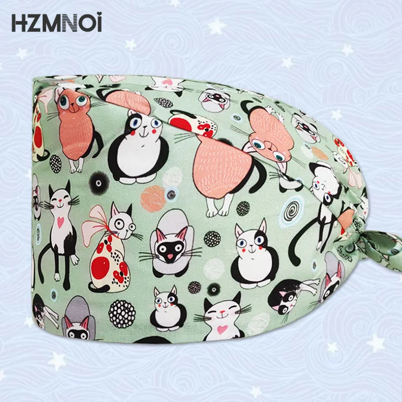 Cartoon Animal Print Doctor Surgery Cap Nurse  Dentist Work  Adjustable Veterinarian Pet Shop Cotton  Scrub
