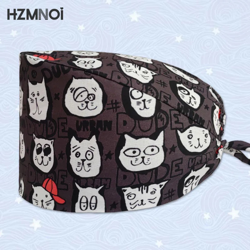 Cartoon Animal Print Doctor Surgery Cap Nurse  Dentist Work  Adjustable Veterinarian Pet Shop Cotton  Scrub