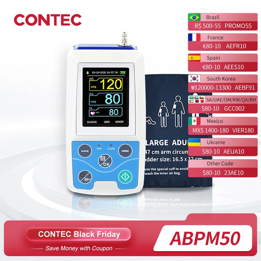 Arm Ambulatory Blood Pressure Monitor 24hours NIBP Holter CONTEC ABPM50+ Adult,Child ,Large ,3 Cuffs, Free PC Software
